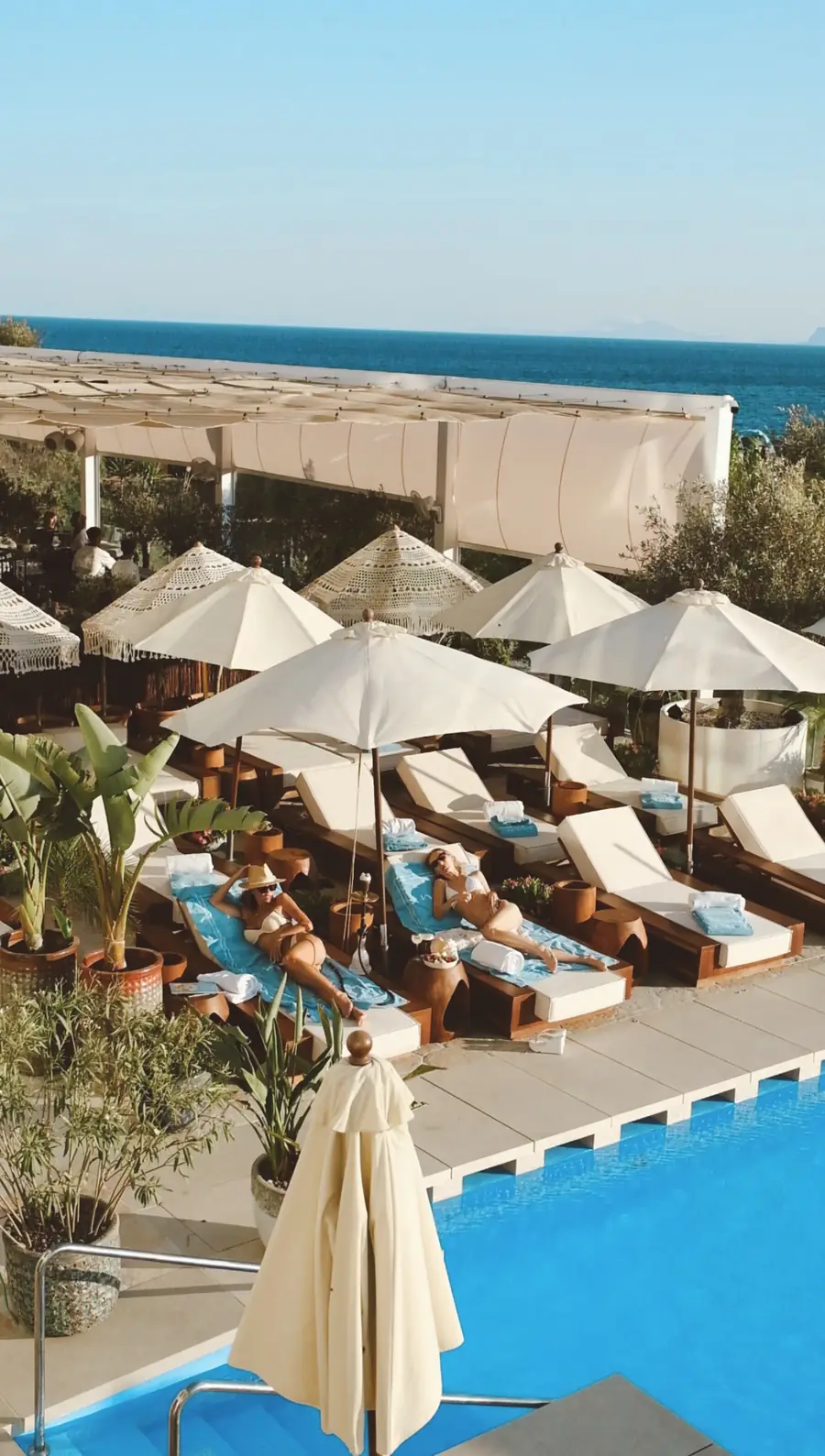 Piscina y hamacas frente al mar en HookahPlace Estepona